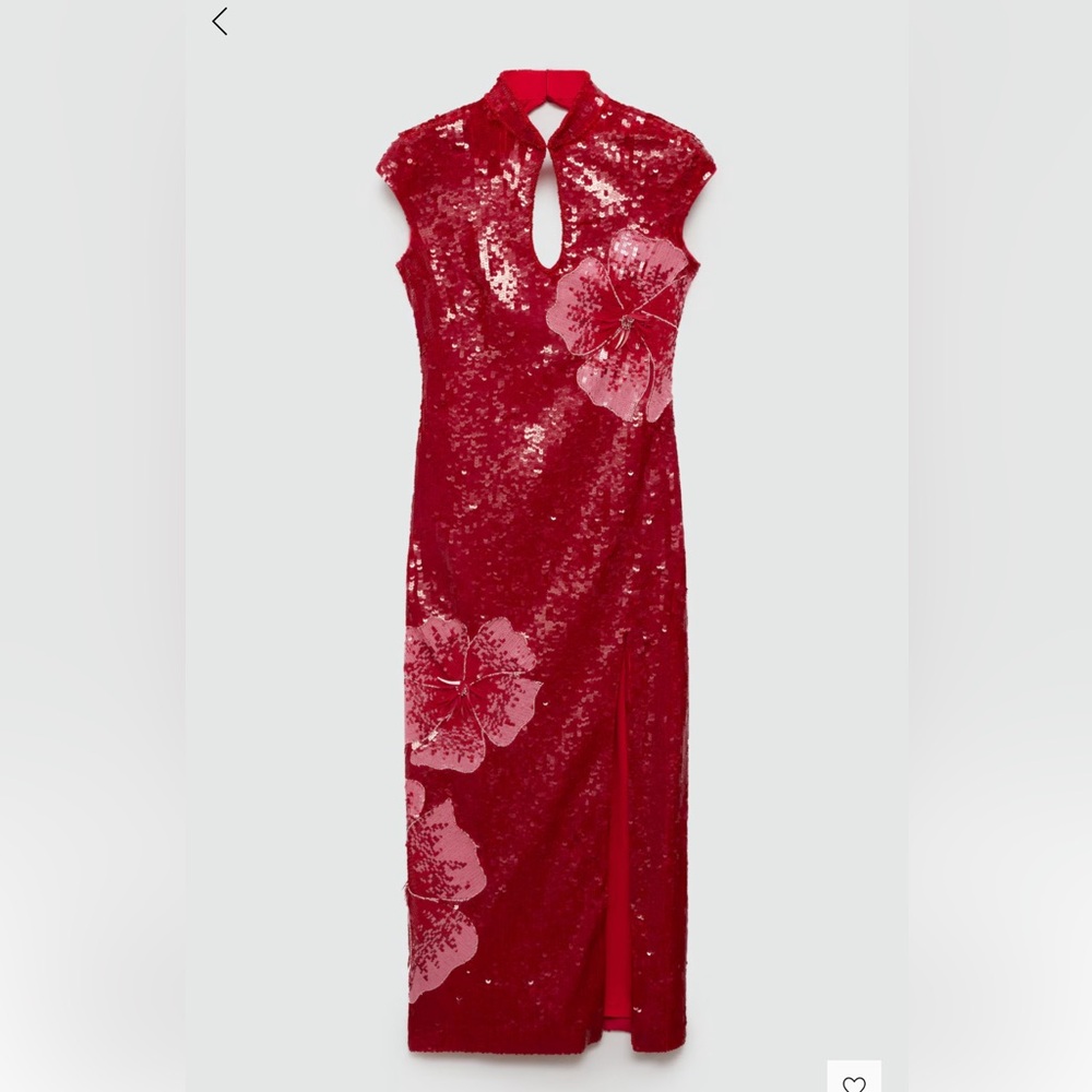 Red Sequin Midi Dress with Florals - Mango Capsule Collection